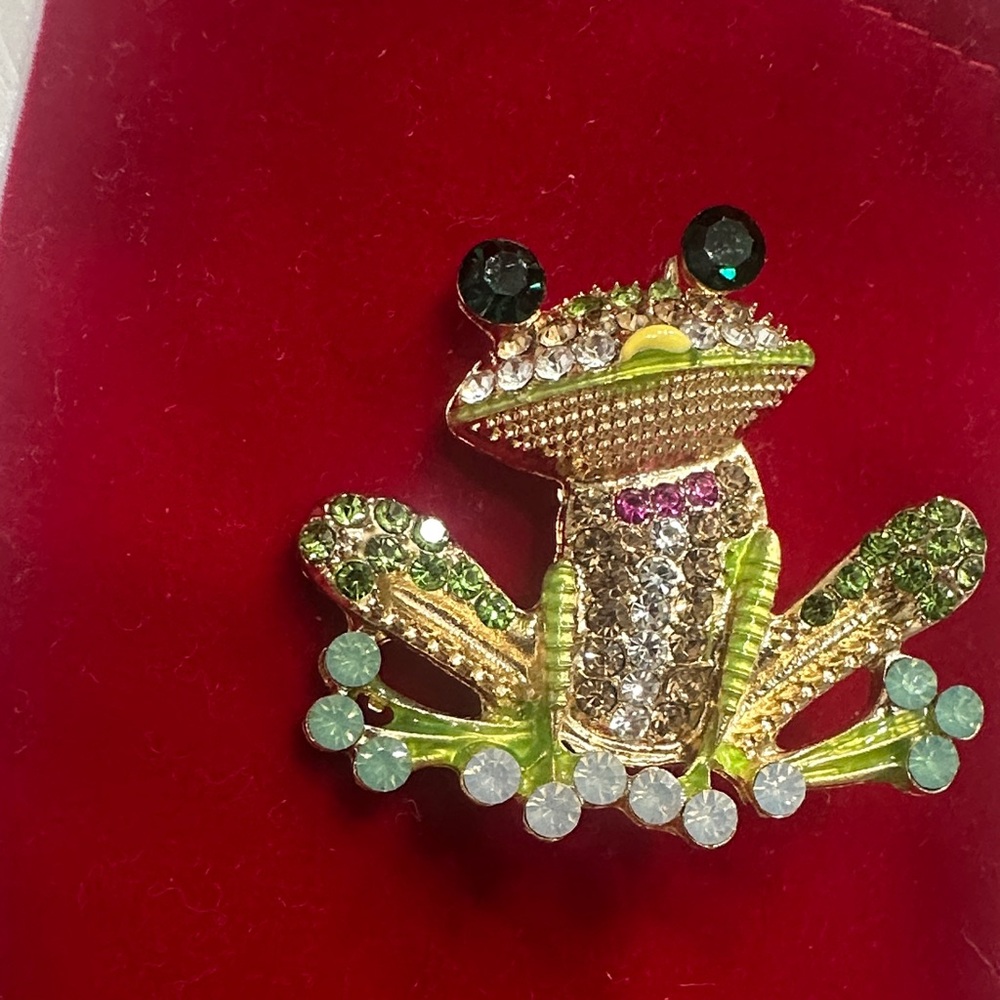 Frog Brooch with Green and Gold Accents
